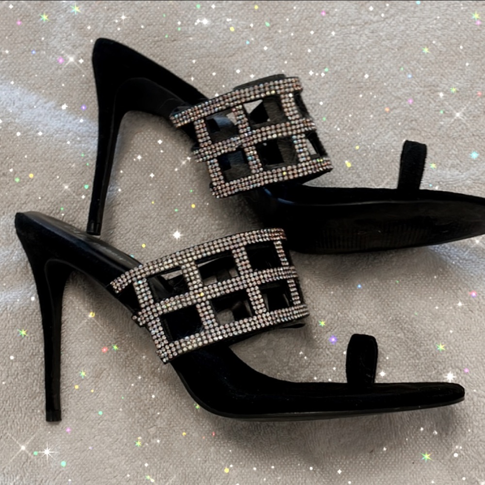 SALE!  CAPE ROBBIN 10 BLACK SUEDE HEELS WITH IRIDESCENT CAGE SPARKLE STRAP